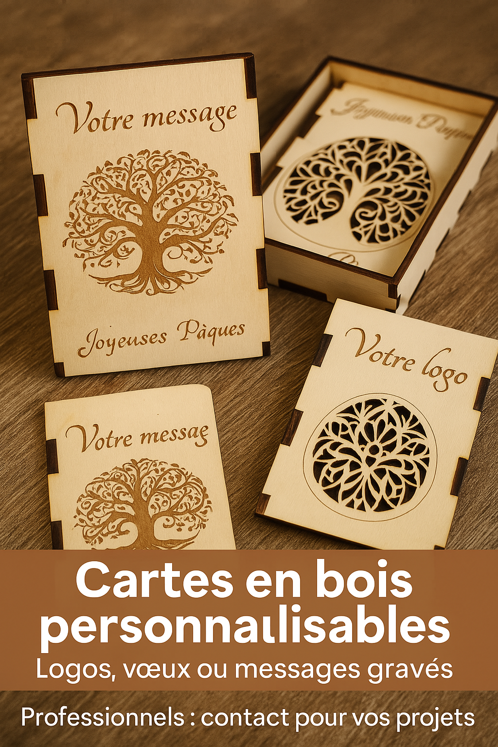 Cartes en Bois Personnalisables (x12) – Vœux, Logos ou Messages Gravés - 1,66 € l'unité