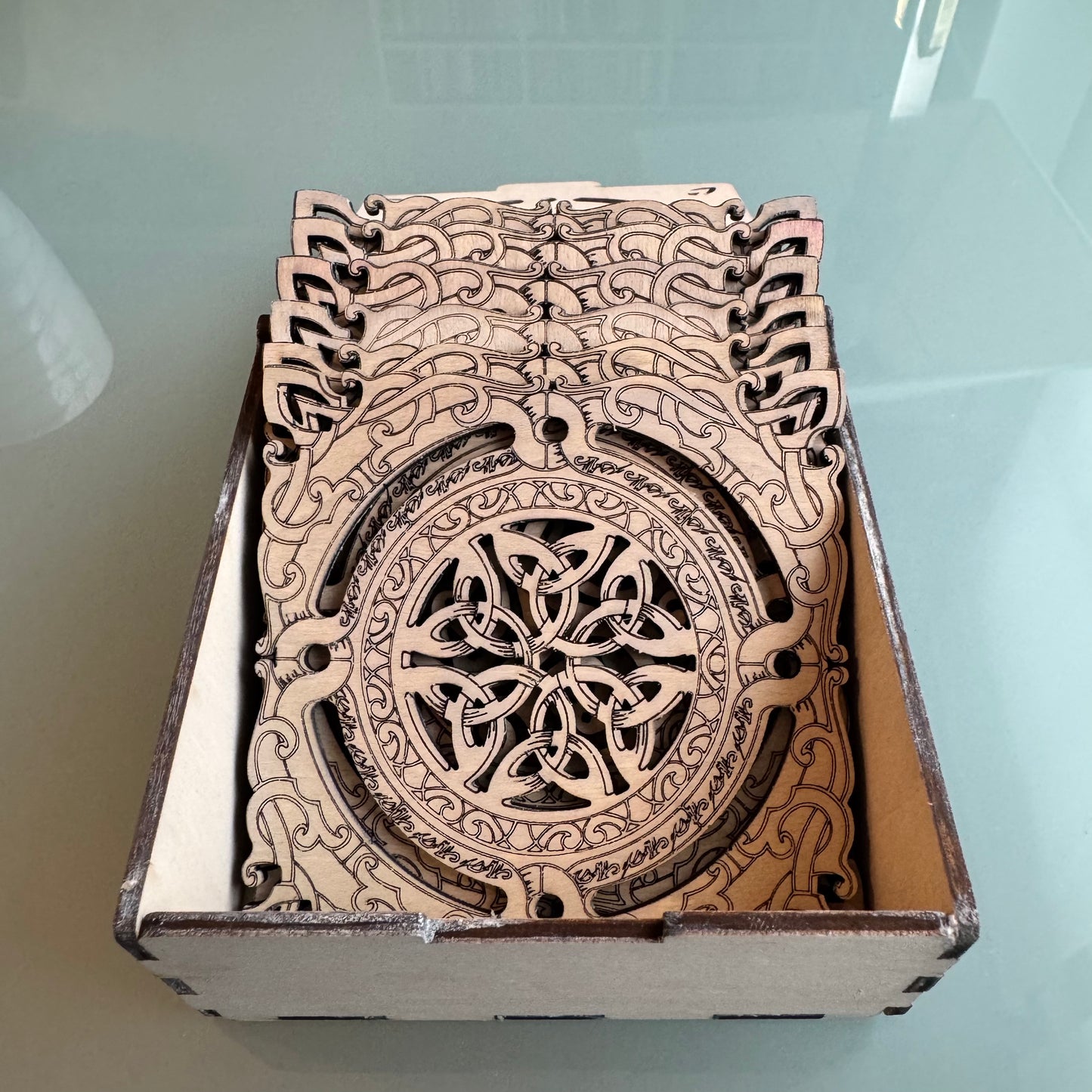 6 Celtic coasters/cups. Two variations whitewashed or natural wood color.