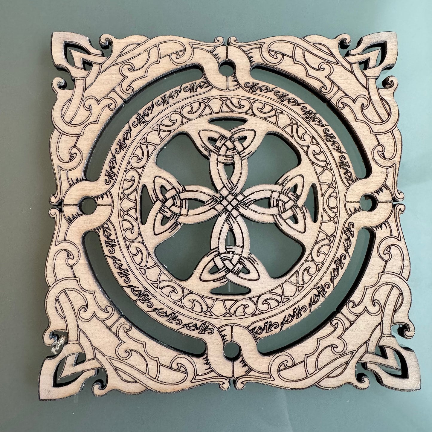 6 Celtic coasters/cups. Two variations whitewashed or natural wood color.