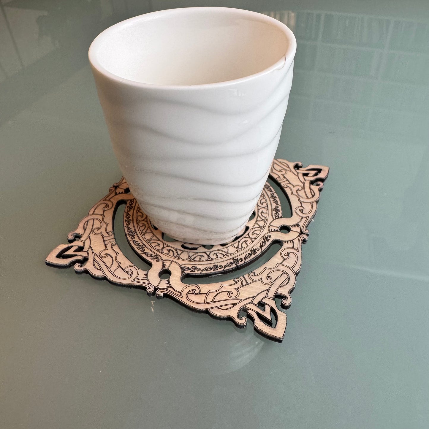 6 Celtic coasters/cups. Two variations whitewashed or natural wood color.