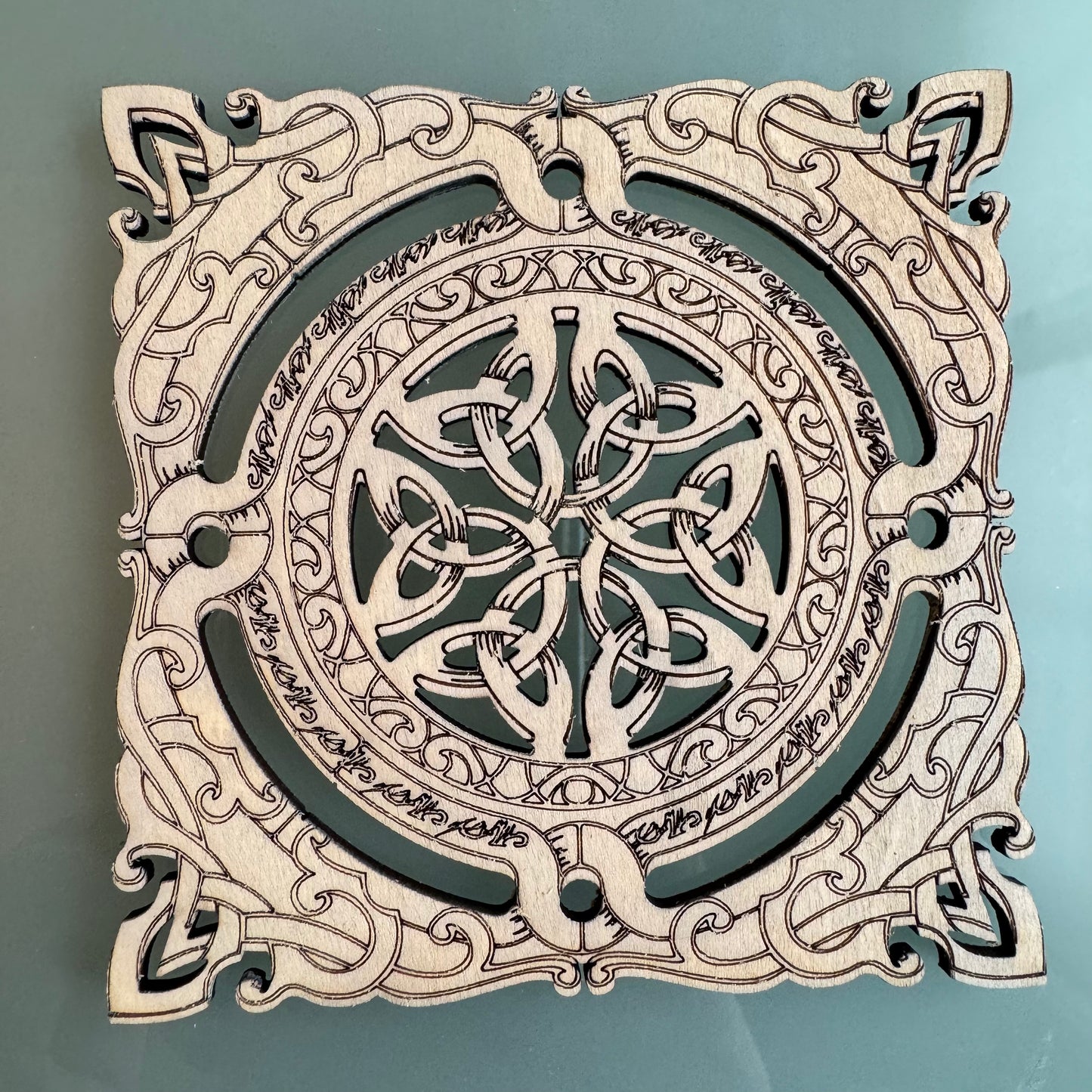 6 Celtic coasters/cups. Two variations whitewashed or natural wood color.