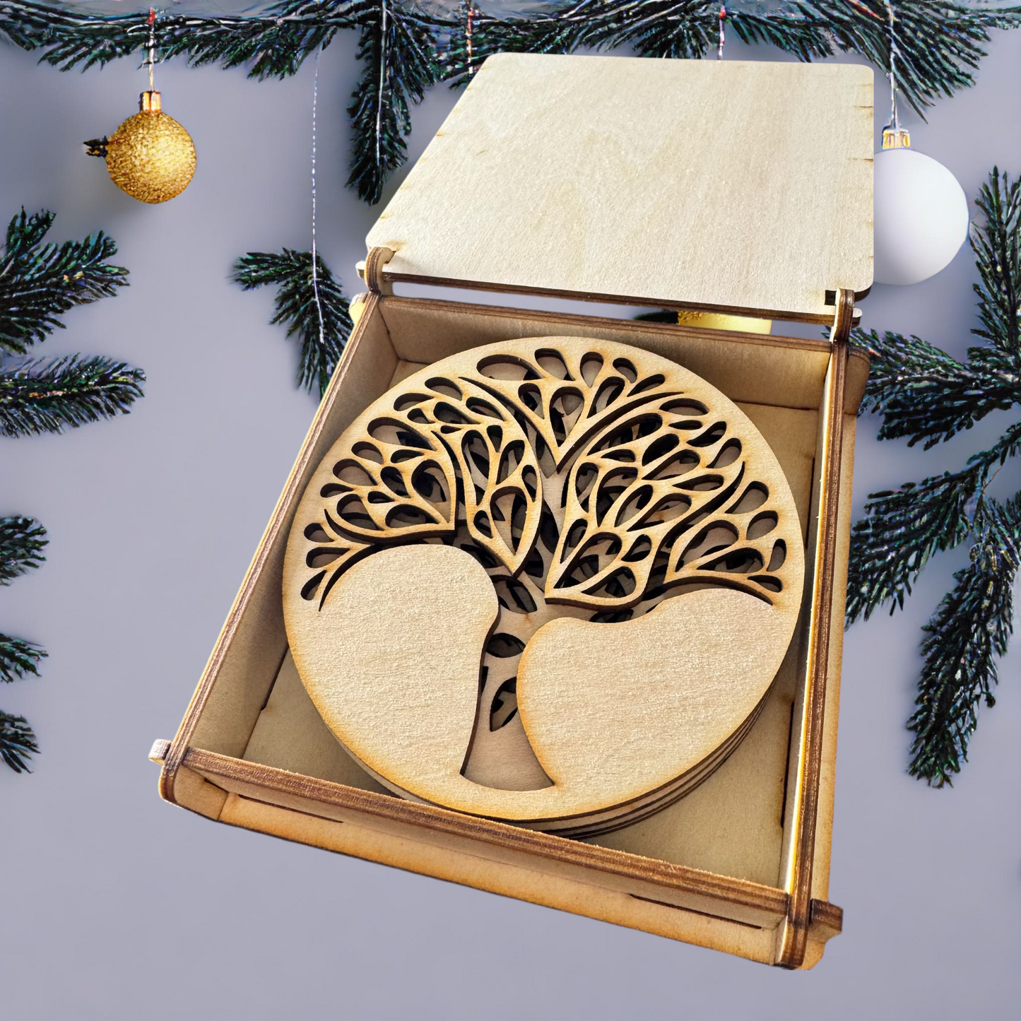 6 “tree of life” coasters and their storage box