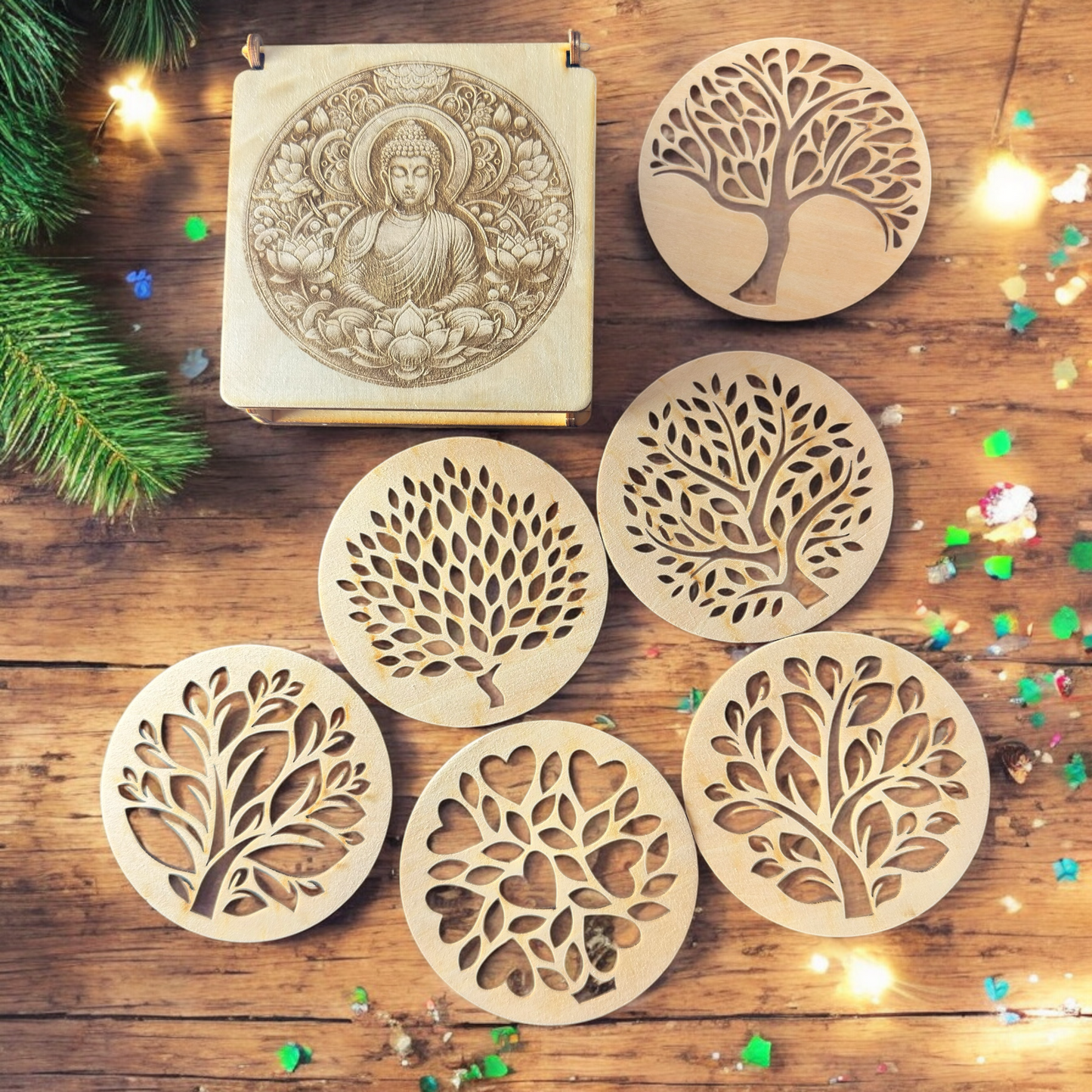 6 “tree of life” coasters and their storage box