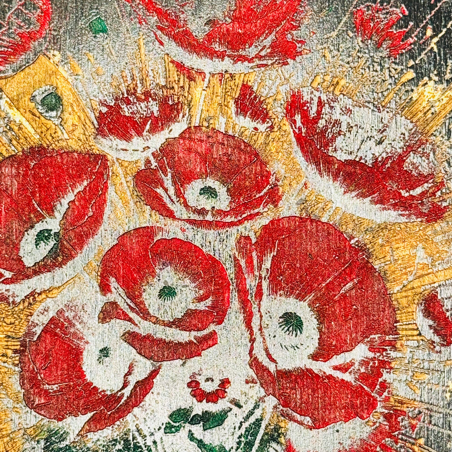 Bouquet coquelicots - Gravure bois peinte a la main