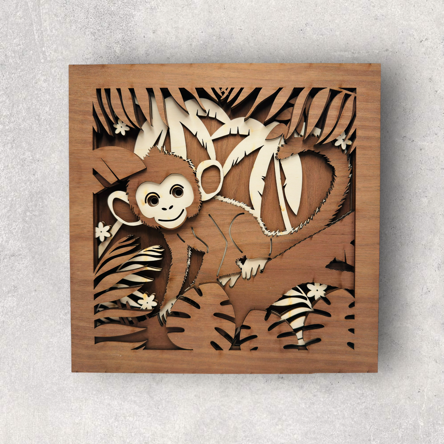 Tableau 3D en bois - Malin le Singe - 28x28 cm