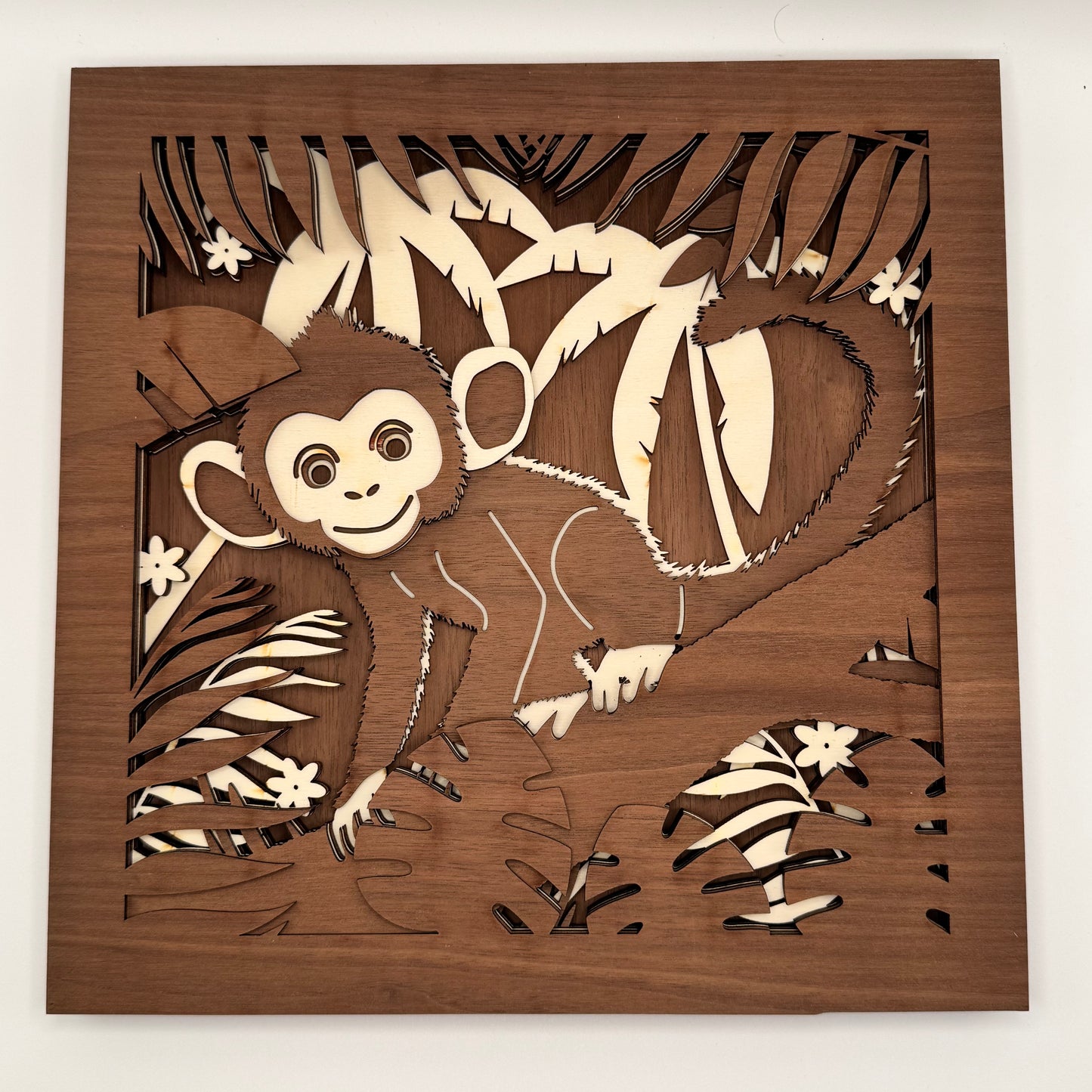 Tableau 3D en bois - Malin le Singe - 28x28 cm