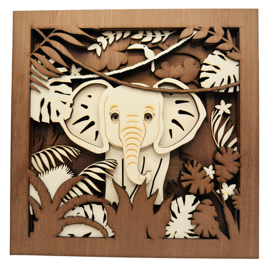 Tableau 3D en bois - Albin l’Elephant - 28x28 cm