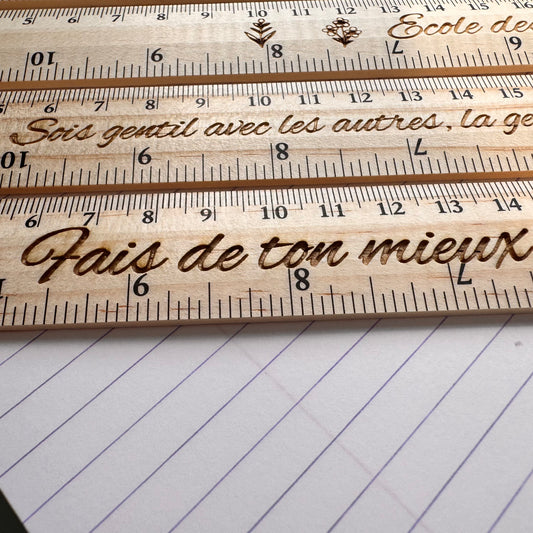Lot de 3 règles en bois 30 cm personnalisées | Gravure laser texte au choix | Cadeau enseignant, scolaire, entreprise