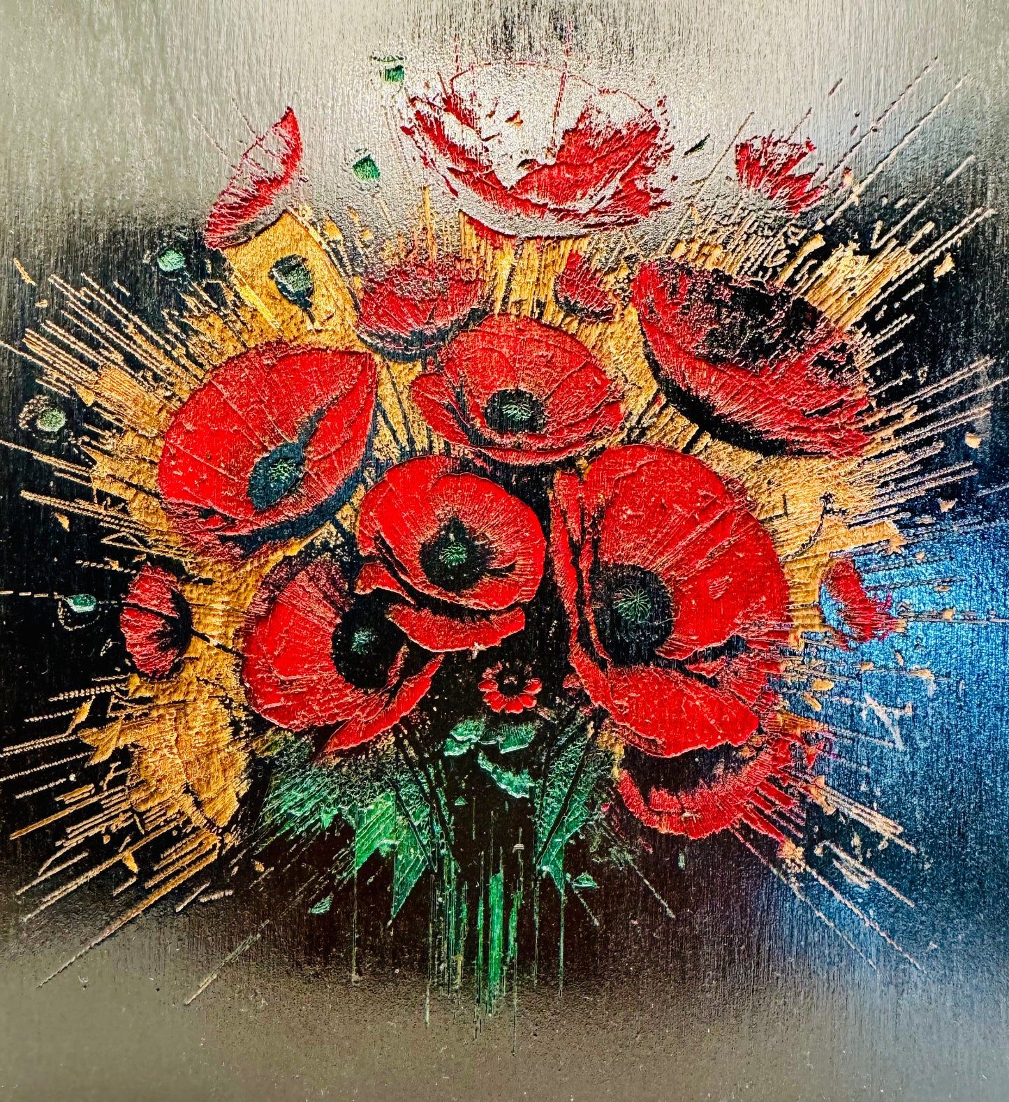 Bouquet coquelicots -  Gravure bois peinte a la main